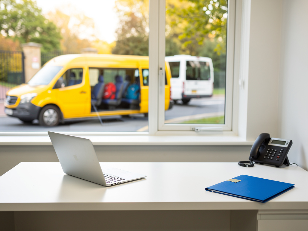 A small, bright front desk with a laptop, a phone and a blue folder, the yellow van visible through the window, nobody i