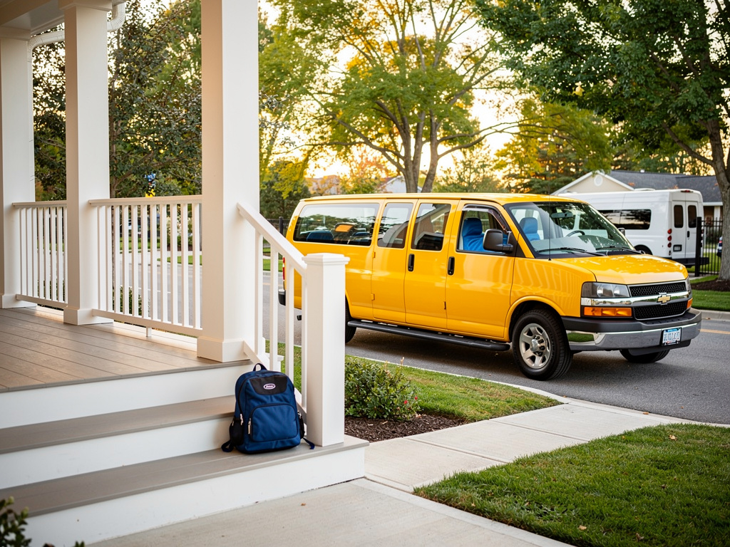 A residential front porch with a small backpack resting by the steps as the yellow van waits at the curb.