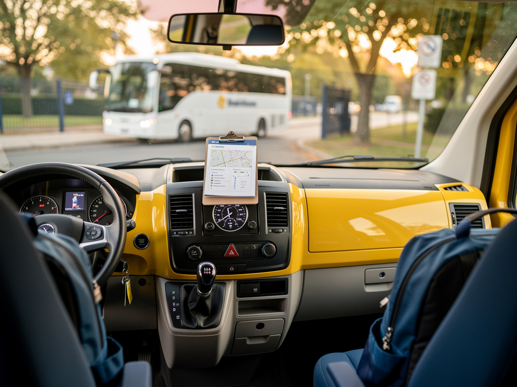 Close-up of a dashboard clock and route clipboard inside the van in warm morning light.