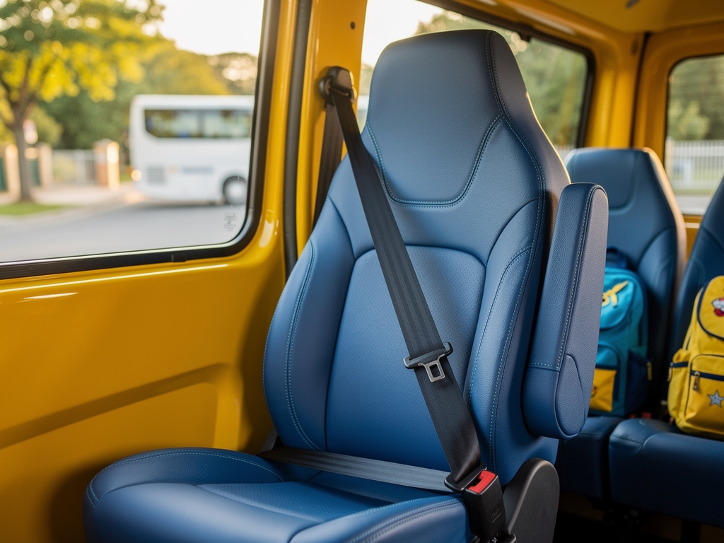 Close-up of a fastened seatbelt across a clean blue passenger seat.