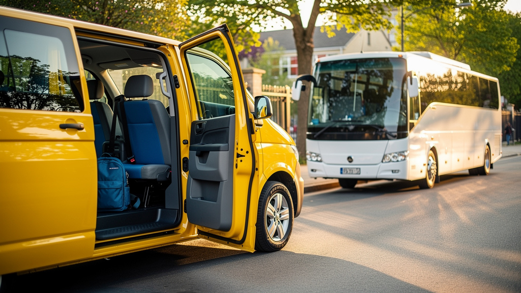 A shiny yellow passenger van parked by an open school gate on a sunny morning, its sliding door open to a neat blue-seat