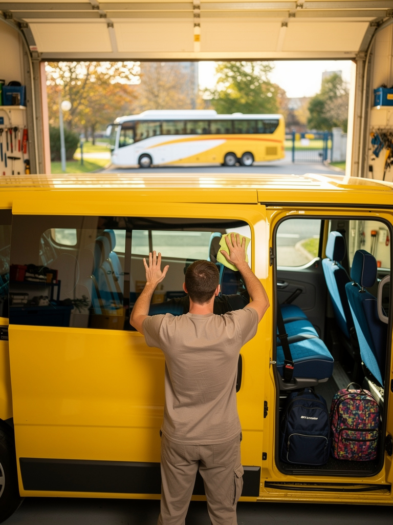 A team member seen from behind wiping the windows of the yellow van in a tidy garage lit by morning sun.